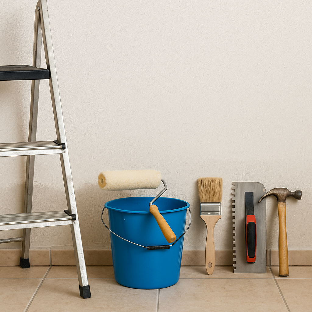 Rénovation en cours avec outils et échelle